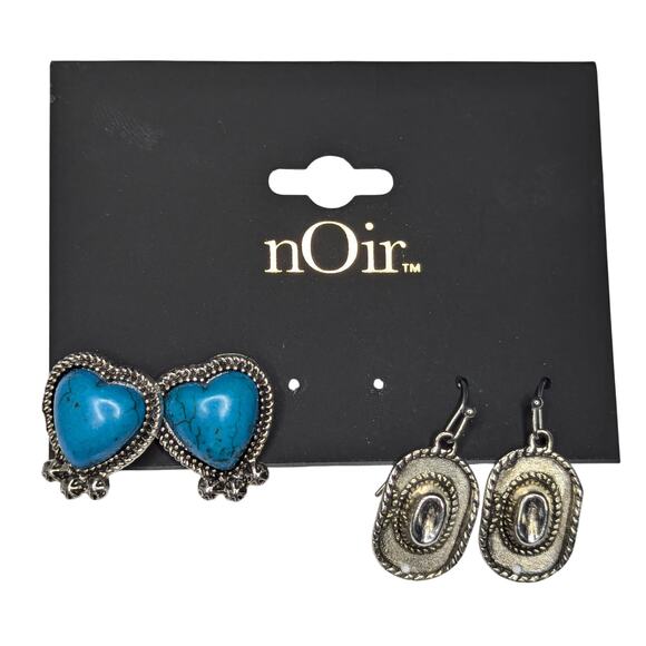 nOir Turquoise Heart Stud Earrings & Silver Western Dangle Earrings Set - Picture 1 of 5